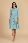 Snuggle Spot Women's Ruby Cotton Printed Shirt Collar 3-4th Sleeve Dress (Pista)