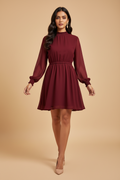 Snuggle Spot Women's Fox Georgette Solid High Neck Full Sleeve Dress (Maroon)