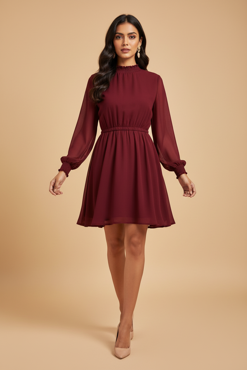 Snuggle Spot Women's Fox Georgette Solid High Neck Full Sleeve Dress (Maroon)