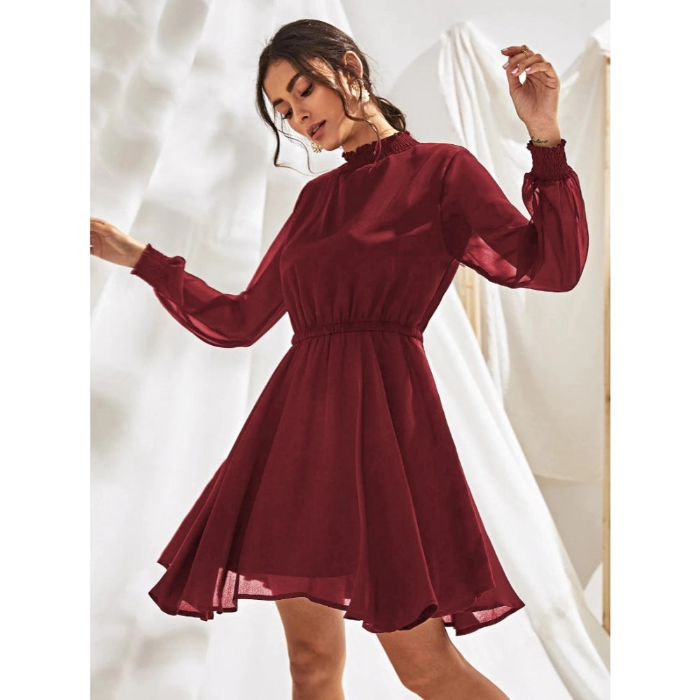 Snuggle Spot Women's Fox Georgette Solid High Neck Full Sleeve Dress (Maroon)