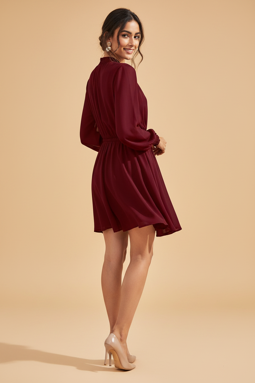 Snuggle Spot Women's Fox Georgette Solid High Neck Full Sleeve Dress (Maroon)