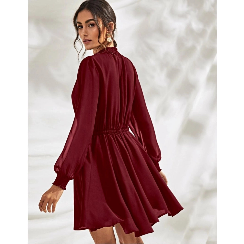 Snuggle Spot Women's Fox Georgette Solid High Neck Full Sleeve Dress (Maroon)