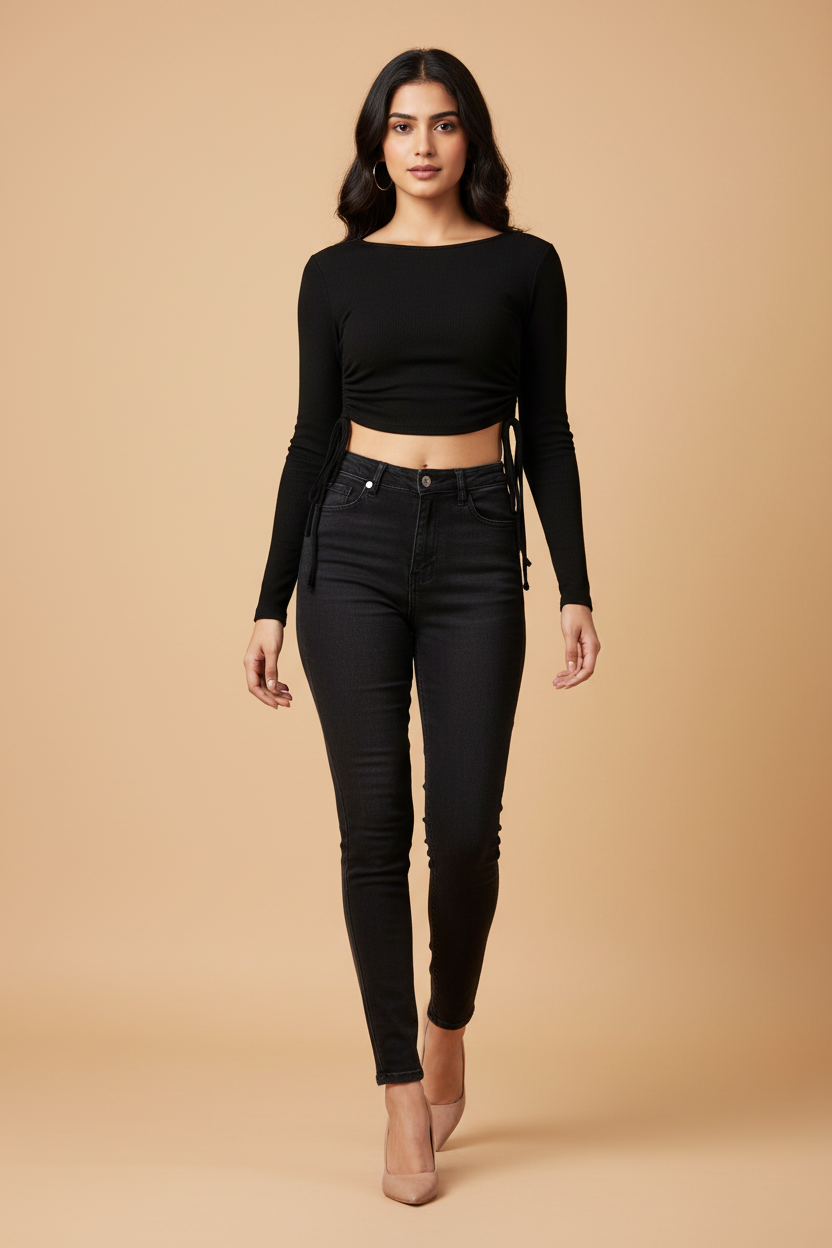 Snuggle Spot Women's Polyester Solid Round Neck Full Sleeve Top (Black)
