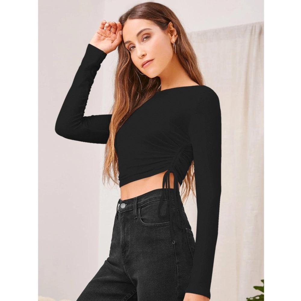 Snuggle Spot Women's Polyester Solid Round Neck Full Sleeve Top (Black)