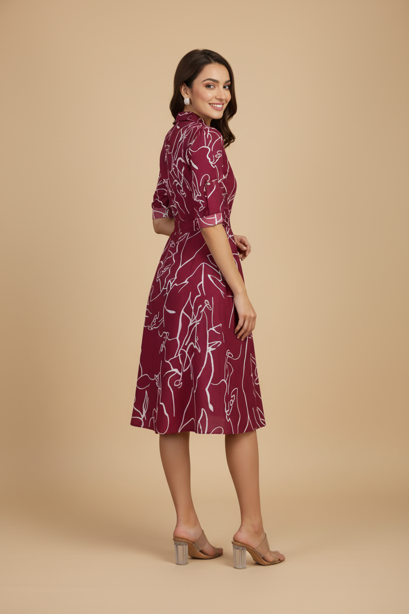 Snuggle Spot Women's Ruby Cotton Printed Shirt Collar 3-4th Sleeve Dress (Maroon)