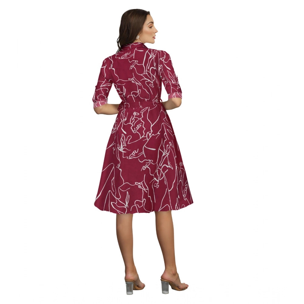 Snuggle Spot Women's Ruby Cotton Printed Shirt Collar 3-4th Sleeve Dress (Maroon)