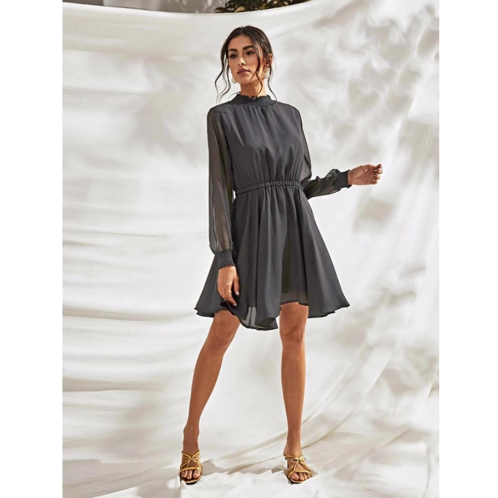 Snuggle Spot Women's Fox Georgette Solid High Neck Full Sleeve Dress (Grey)