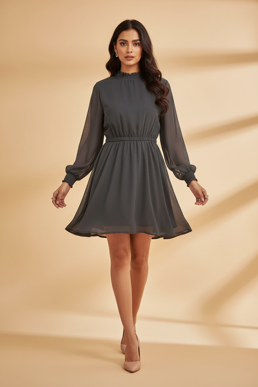 Snuggle Spot Women's Fox Georgette Solid High Neck Full Sleeve Dress (Grey)