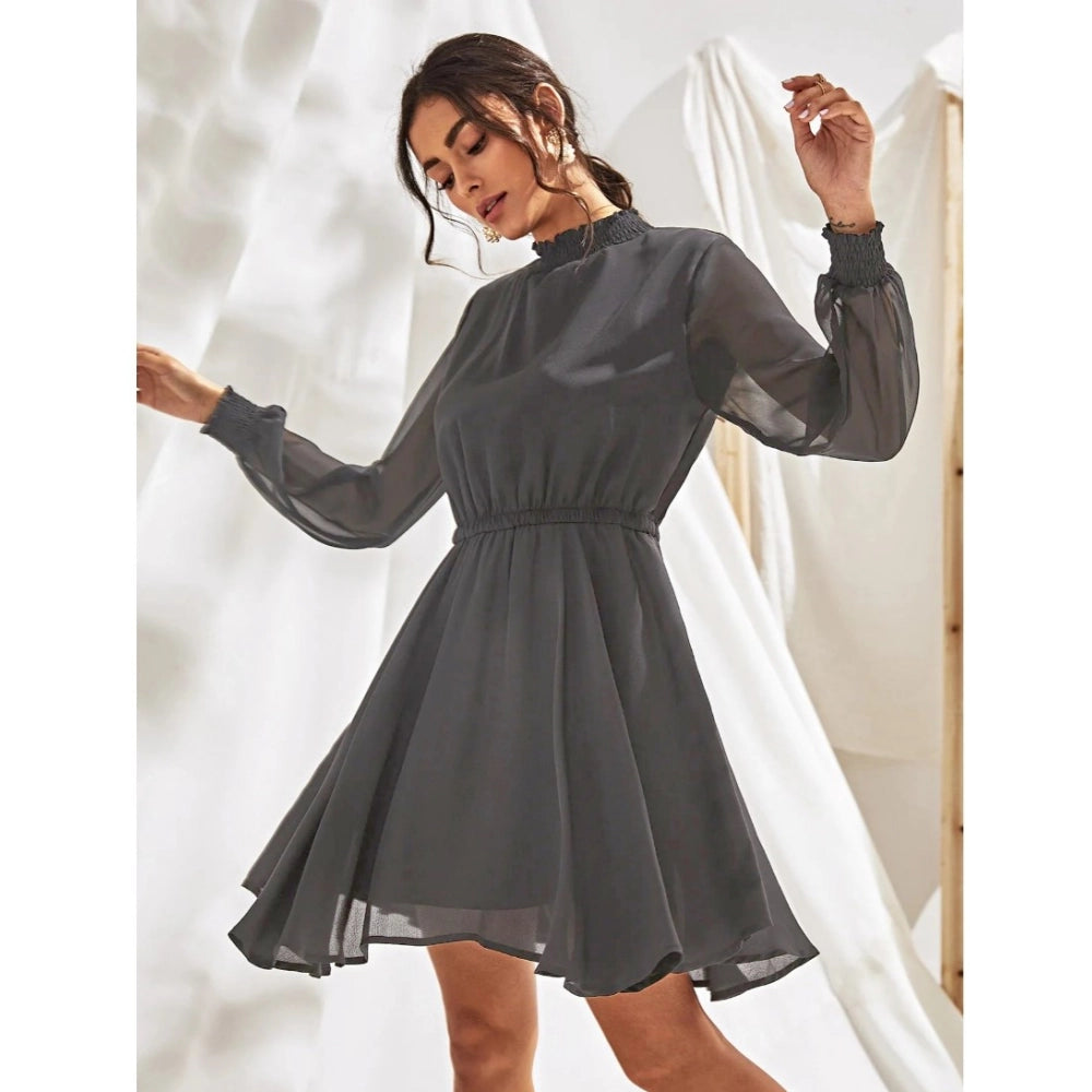 Snuggle Spot Women's Fox Georgette Solid High Neck Full Sleeve Dress (Grey)