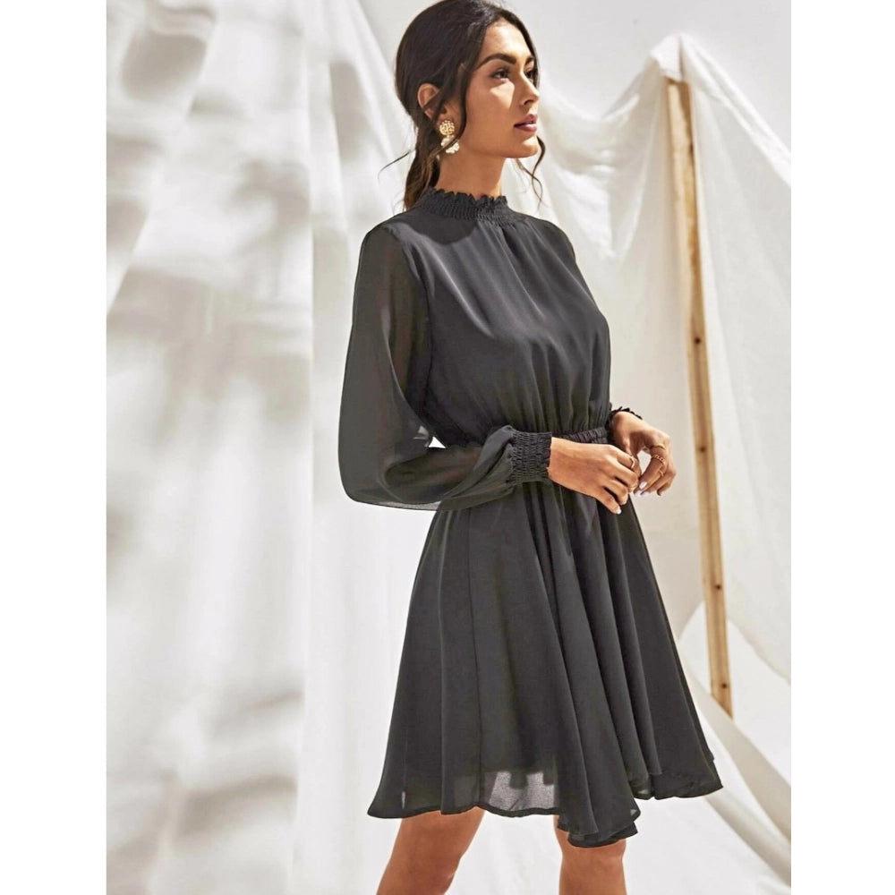 Snuggle Spot Women's Fox Georgette Solid High Neck Full Sleeve Dress (Grey)