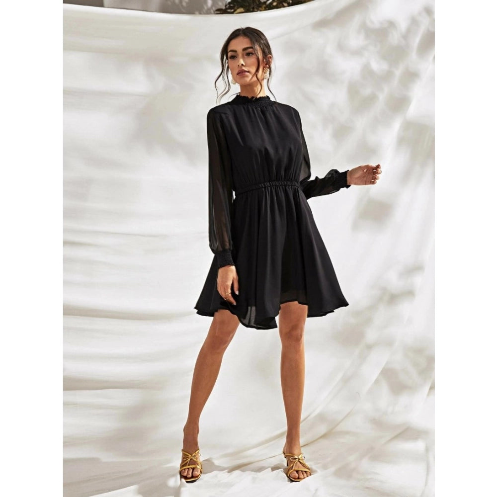 Snuggle Spot Women's Fox Georgette Solid High Neck Full Sleeve Dress (Black)