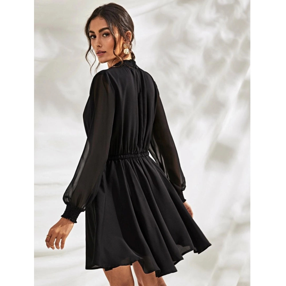 Snuggle Spot Women's Fox Georgette Solid High Neck Full Sleeve Dress (Black)