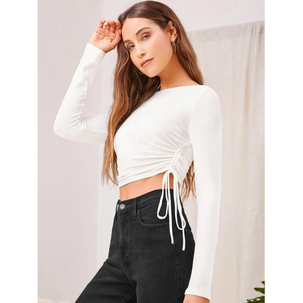 Snuggle Spot Women's Polyester Solid Round Neck Full Sleeve Top (White)