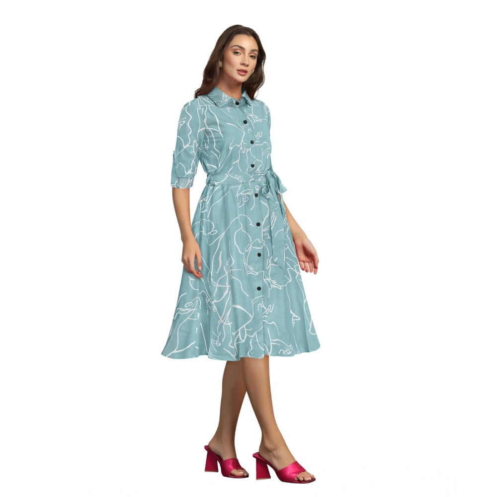 Snuggle Spot Women's Ruby Cotton Printed Shirt Collar 3-4th Sleeve Dress (Pista)
