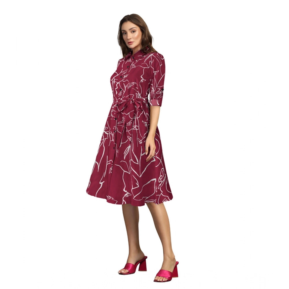 Snuggle Spot Women's Ruby Cotton Printed Shirt Collar 3-4th Sleeve Dress (Maroon)