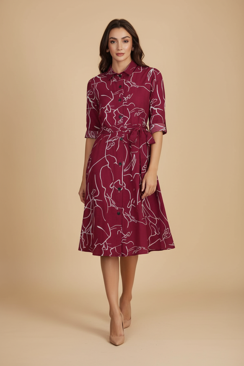 Snuggle Spot Women's Ruby Cotton Printed Shirt Collar 3-4th Sleeve Dress (Maroon)