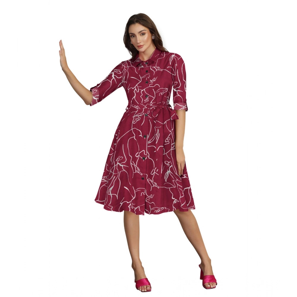 Snuggle Spot Women's Ruby Cotton Printed Shirt Collar 3-4th Sleeve Dress (Maroon)