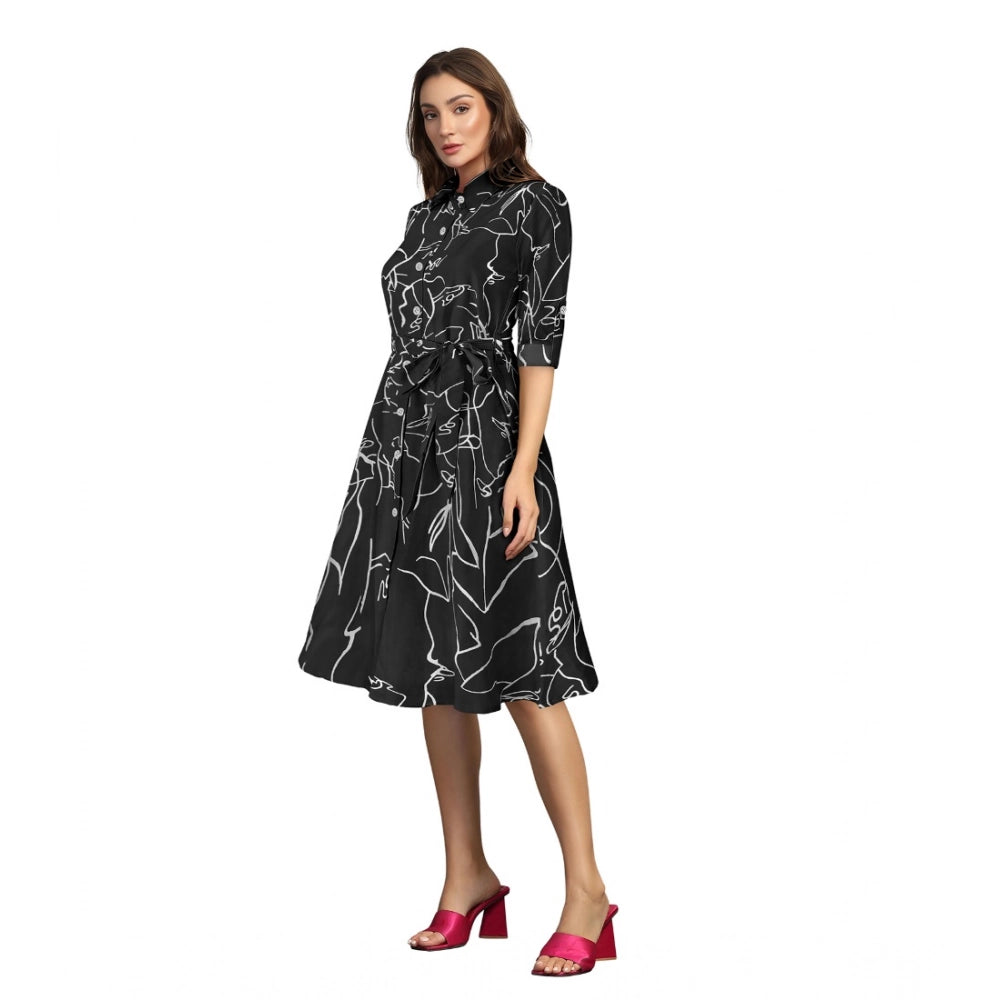 Snuggle Spot Women's Ruby Cotton Printed Shirt Collar 3-4th Sleeve Dress (Black)
