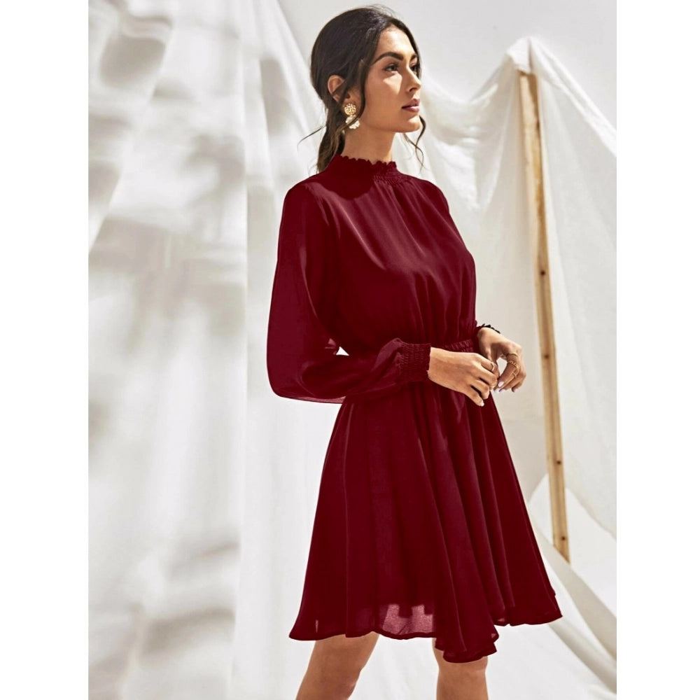 Snuggle Spot Women's Fox Georgette Solid High Neck Full Sleeve Dress (Maroon)