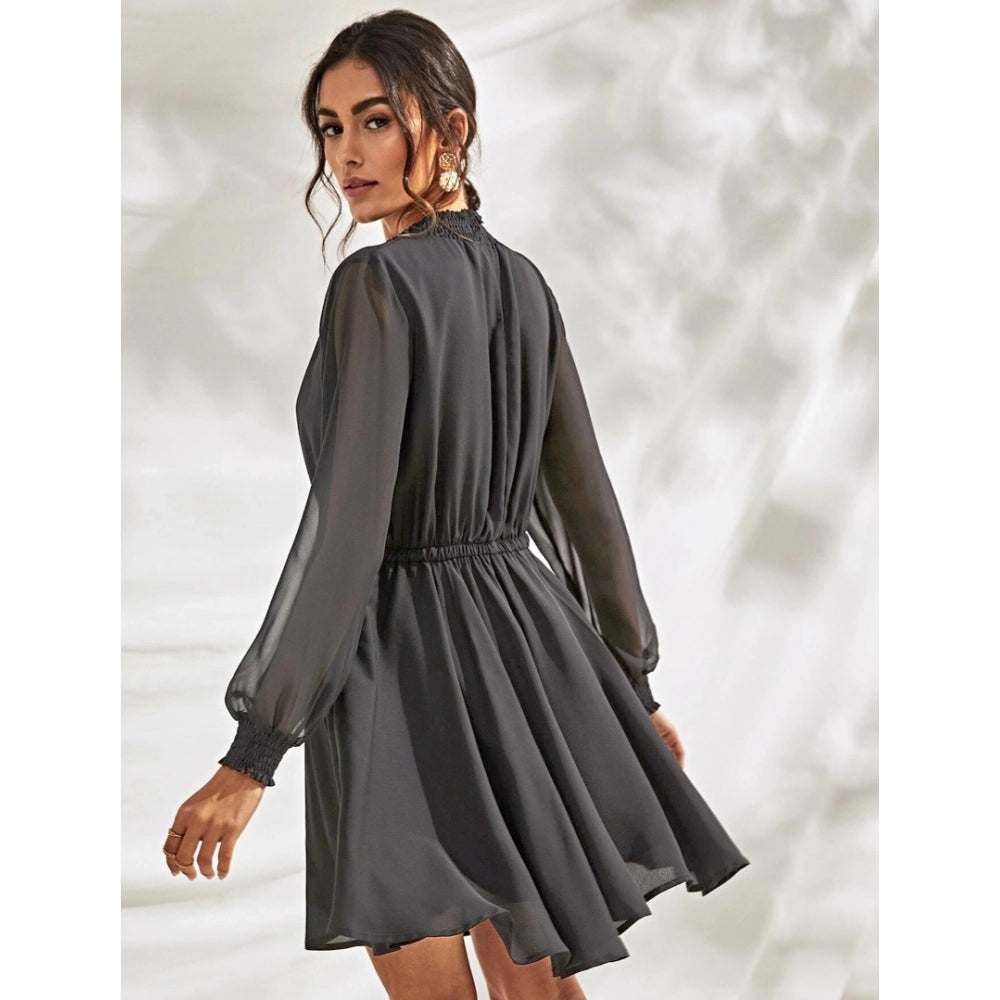 Snuggle Spot Women's Fox Georgette Solid High Neck Full Sleeve Dress (Grey)