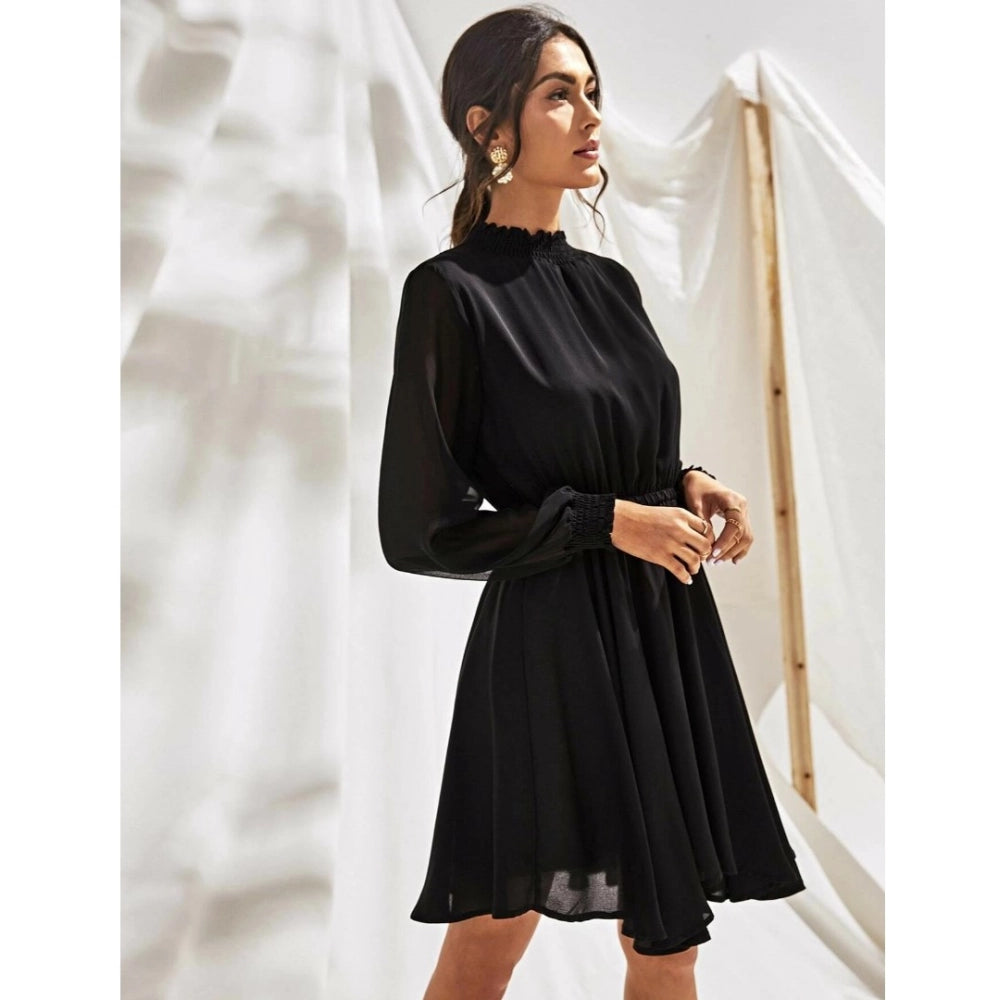 Snuggle Spot Women's Fox Georgette Solid High Neck Full Sleeve Dress (Black)