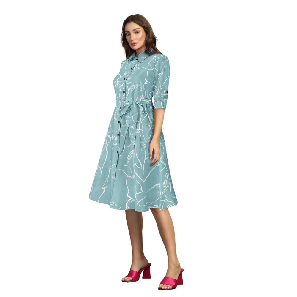 Snuggle Spot Women's Ruby Cotton Printed Shirt Collar 3-4th Sleeve Dress (Pista)