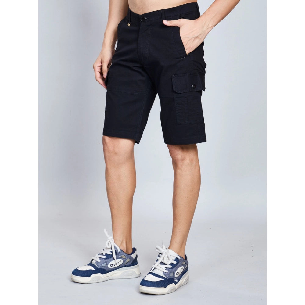 Snuggle Spot Men's Casual Cotton Solid Knee Length Cargo Shorts (Black)