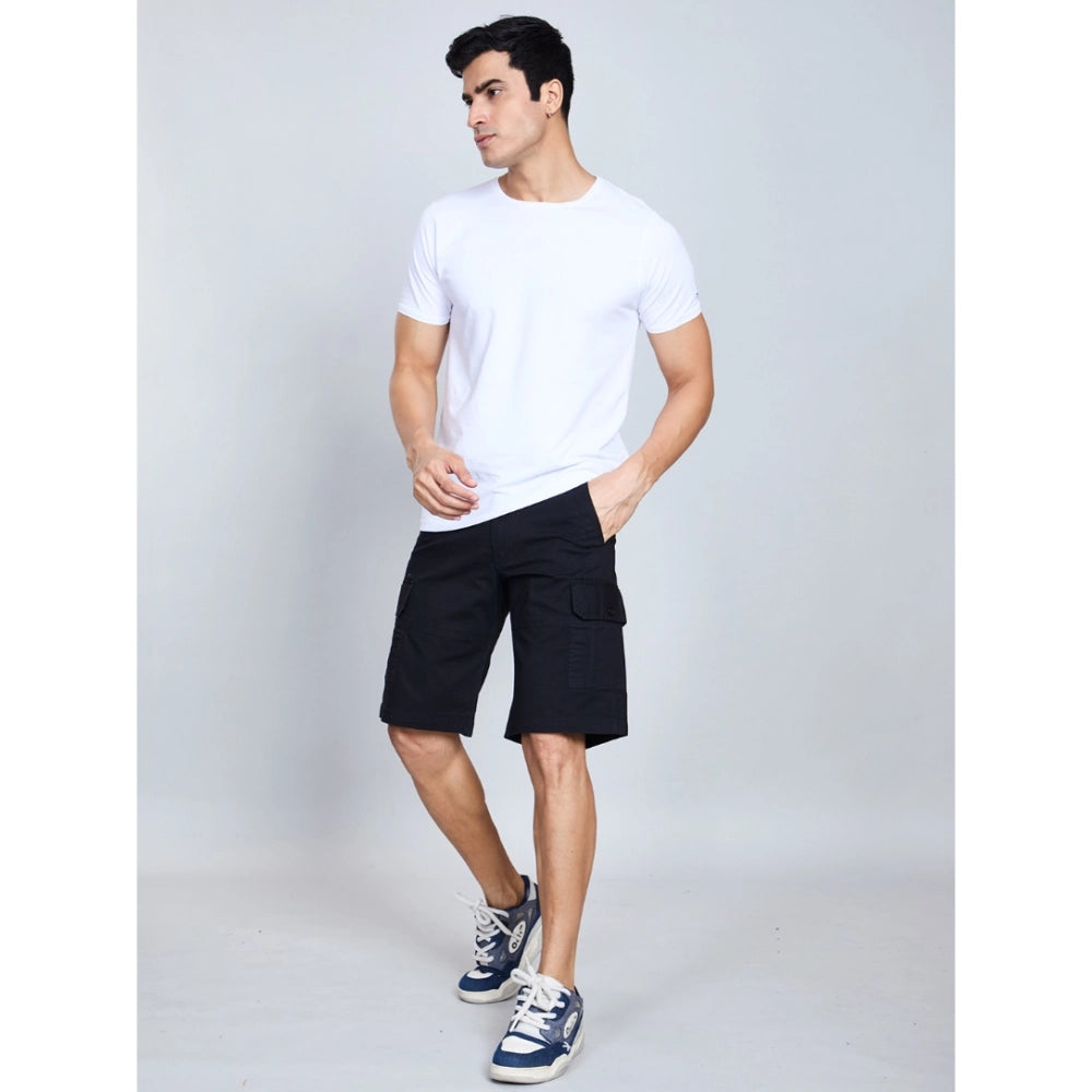 Snuggle Spot Men's Casual Cotton Solid Knee Length Cargo Shorts (Black)