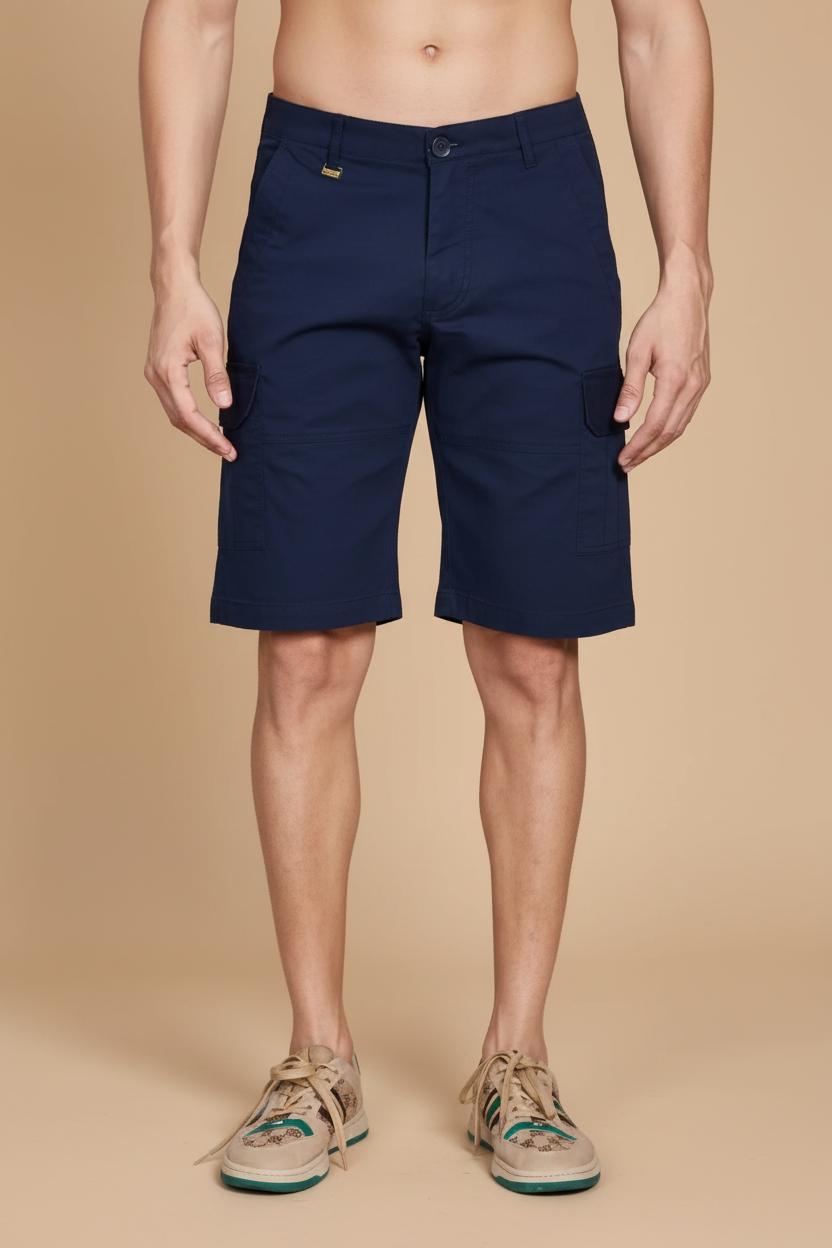 Snuggle Spot Men's Casual Cotton Solid Knee Length Cargo Shorts (Navy)