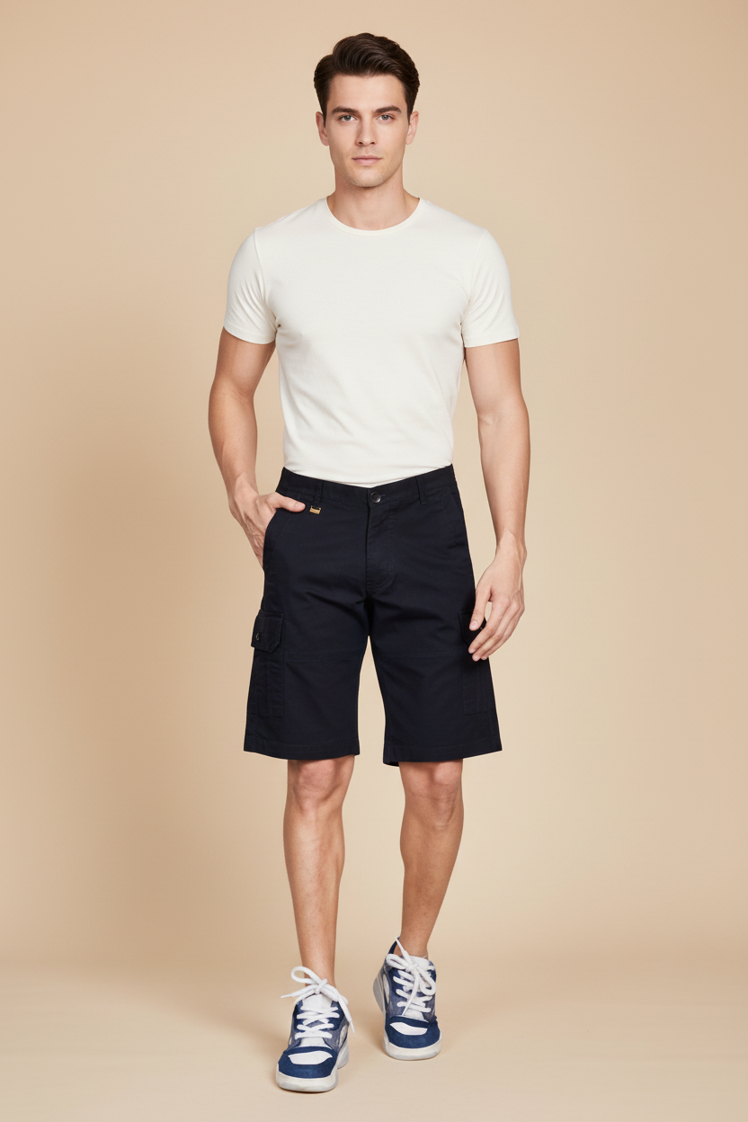 Snuggle Spot Men's Casual Cotton Solid Knee Length Cargo Shorts (Black)