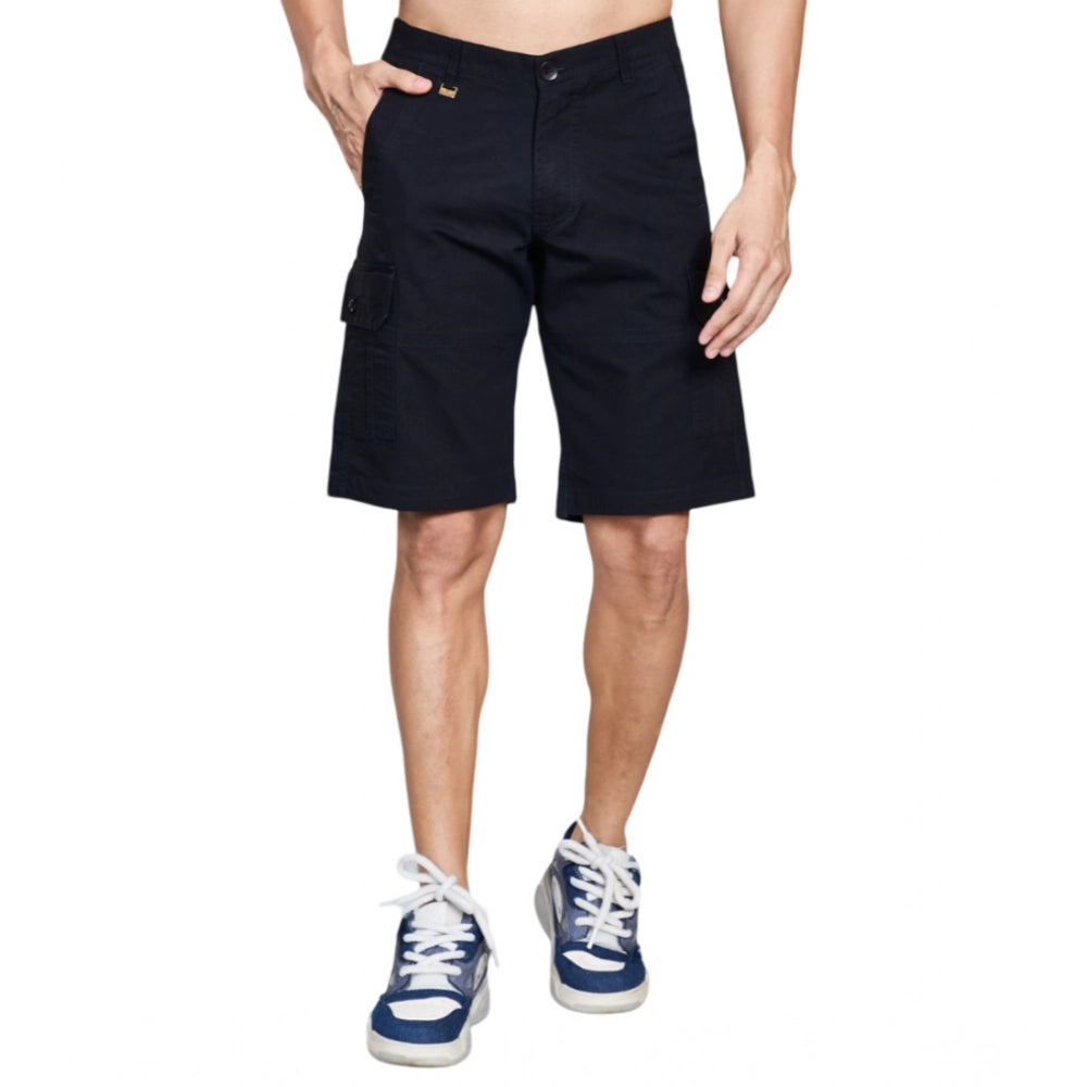 Snuggle Spot Men's Casual Cotton Solid Knee Length Cargo Shorts (Black)