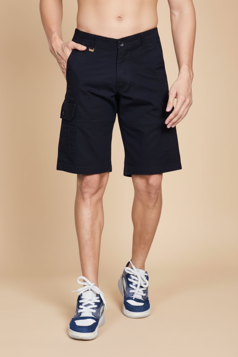 Snuggle Spot Men's Casual Cotton Solid Knee Length Cargo Shorts (Black)