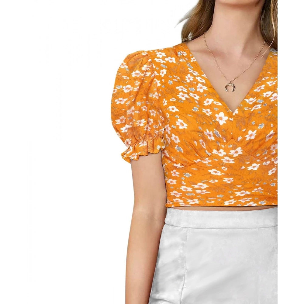 Snuggle Spot Women's Knitting Printed V-Neck Puff Sleeve Tops (Yellow)