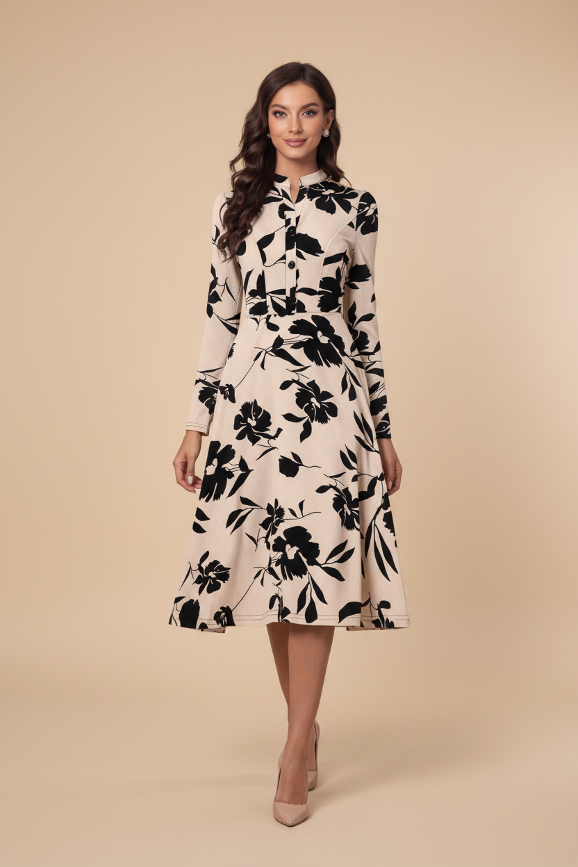 Snuggle Spot Women's Knitting Printed V-Neck Full Sleeve Dress (Cream)