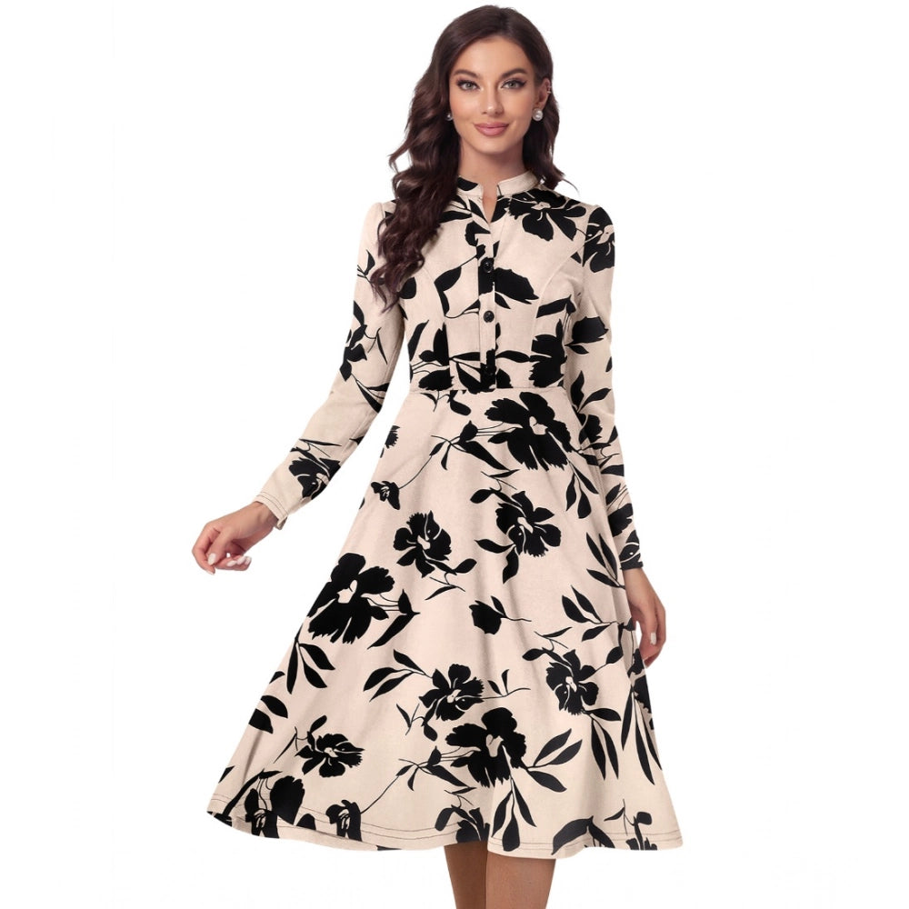 Snuggle Spot Women's Knitting Printed V-Neck Full Sleeve Dress (Cream)