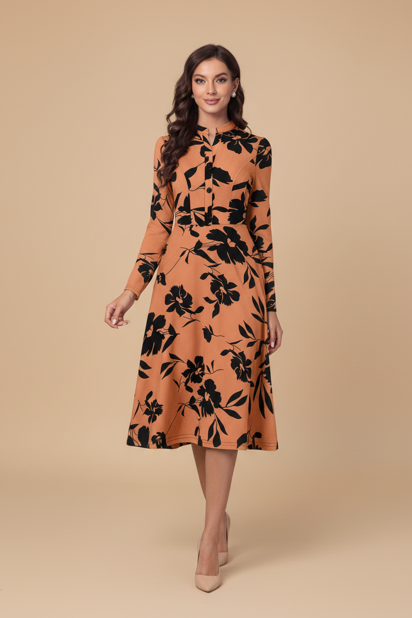 Snuggle Spot Women's Knitting Printed V-Neck Full Sleeve Dress (Orange)