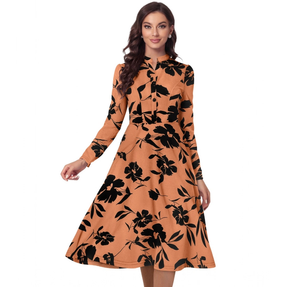 Snuggle Spot Women's Knitting Printed V-Neck Full Sleeve Dress (Orange)