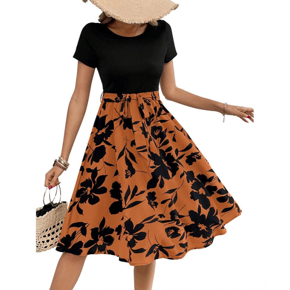 Snuggle Spot Women's Knitting Printed Round Neck Short Sleeve Dress (Orange)