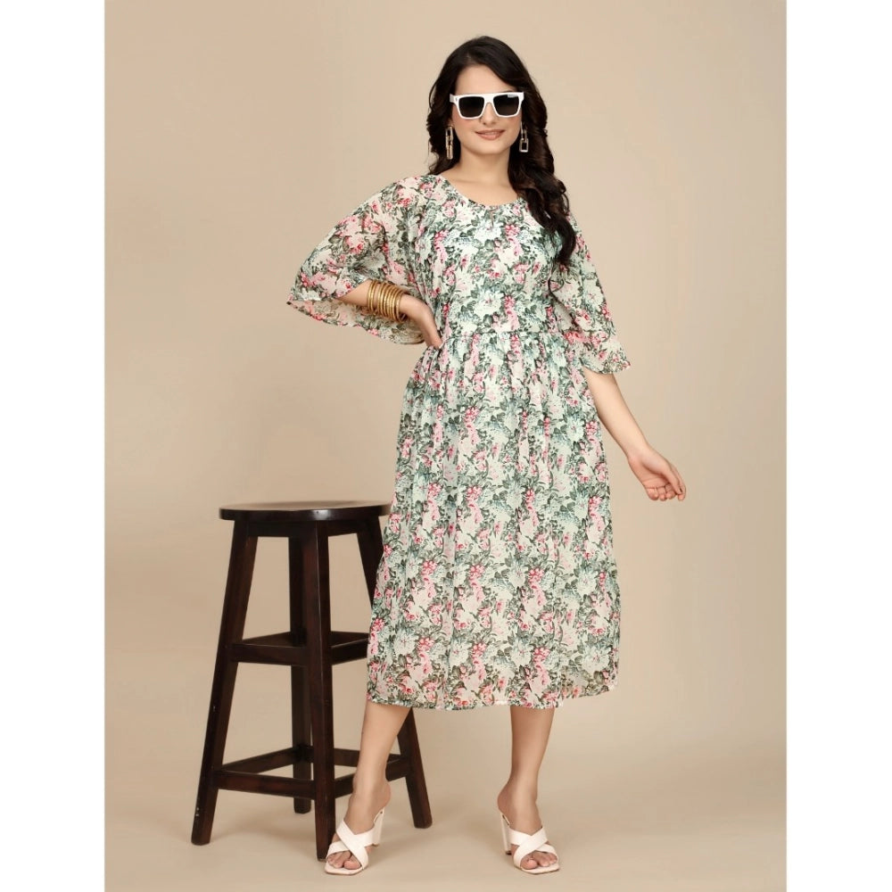 Snuggle Spot Women's Georgette Printed Round Neck Short Sleeve Dress (Pink)