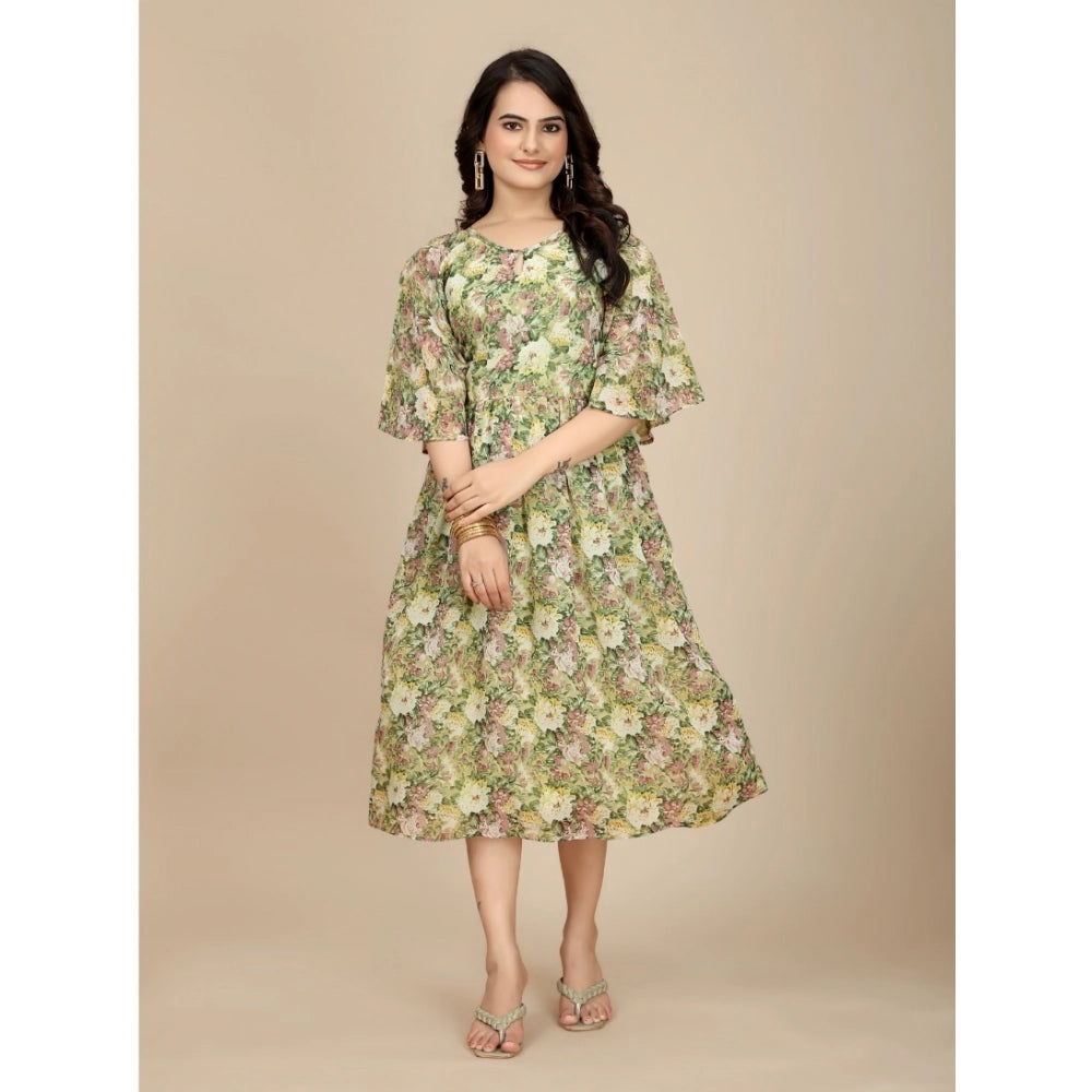 Snuggle Spot Women's Georgette Printed Round Neck Short Sleeve Dress (Green)