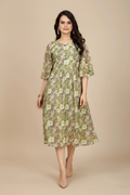 Snuggle Spot Women's Georgette Printed Round Neck Short Sleeve Dress (Green)