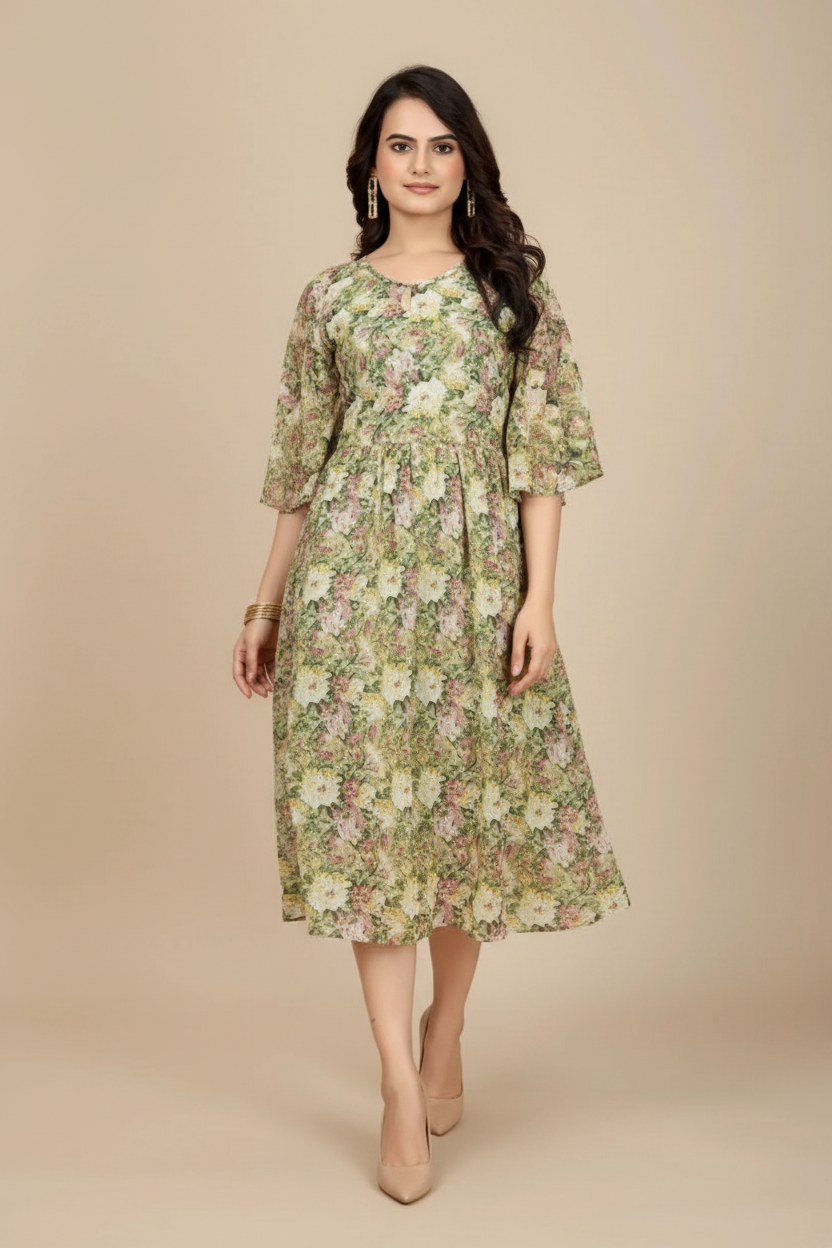Snuggle Spot Women's Georgette Printed Round Neck Short Sleeve Dress (Green)