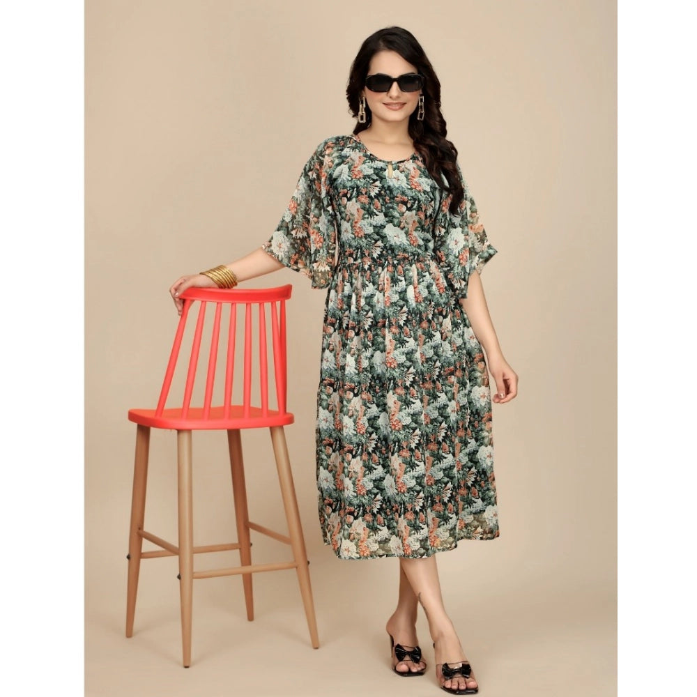 Snuggle Spot Women's Georgette Printed Round Neck Short Sleeve Dress (Black)