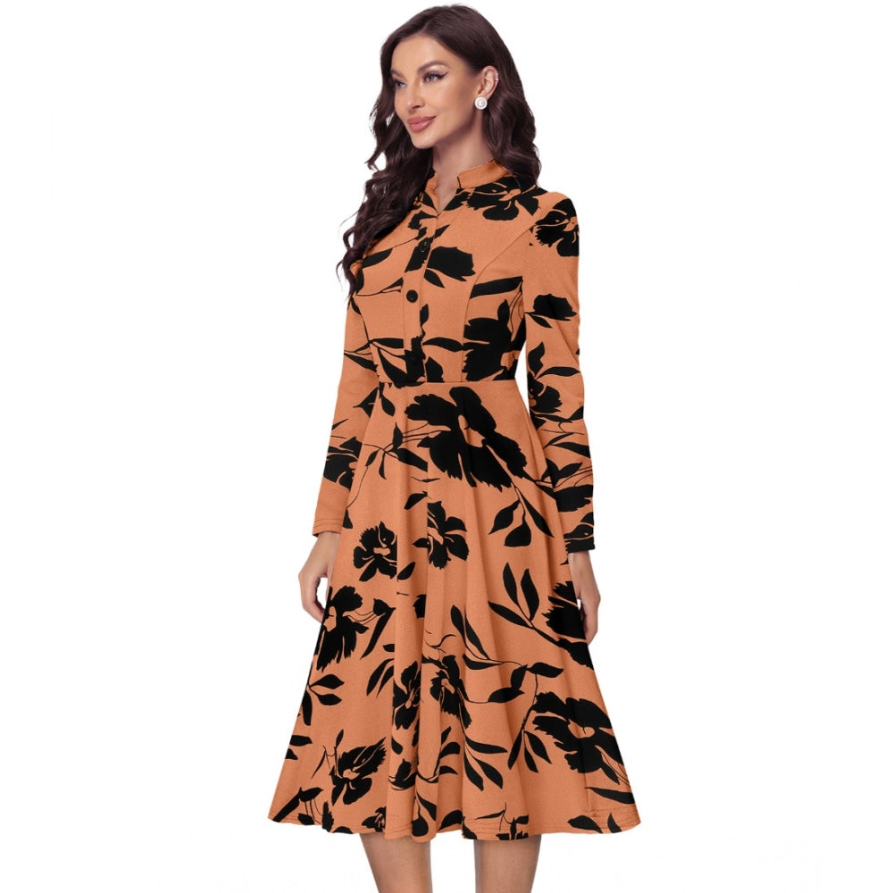 Snuggle Spot Women's Knitting Printed V-Neck Full Sleeve Dress (Orange)