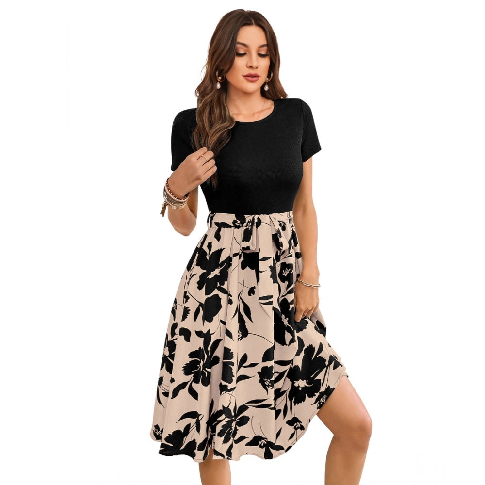 Snuggle Spot Women's Knitting Printed Round Neck Short Sleeve Dress (Cream)