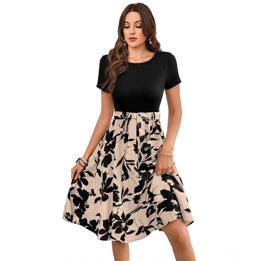 Snuggle Spot Women's Knitting Printed Round Neck Short Sleeve Dress (Cream)