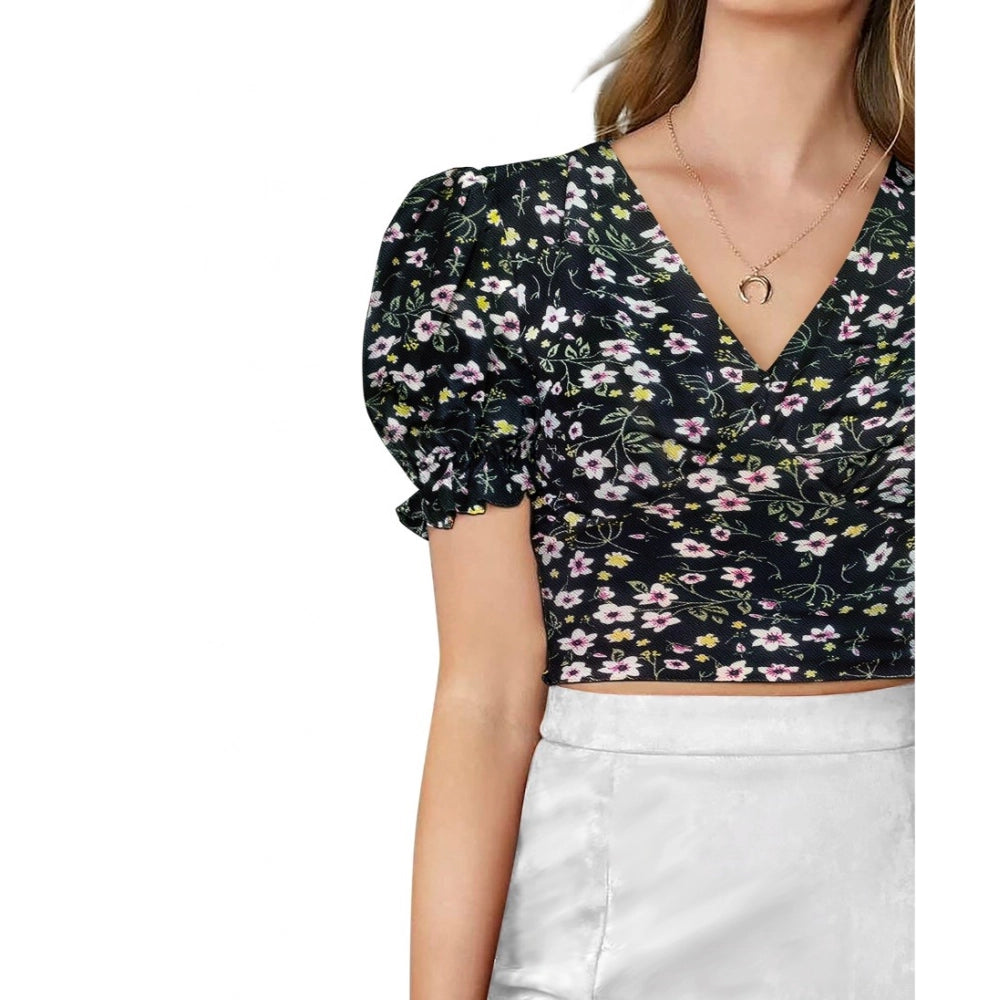 Snuggle Spot Women's Knitting Printed V-Neck Puff Sleeve Tops (Black)