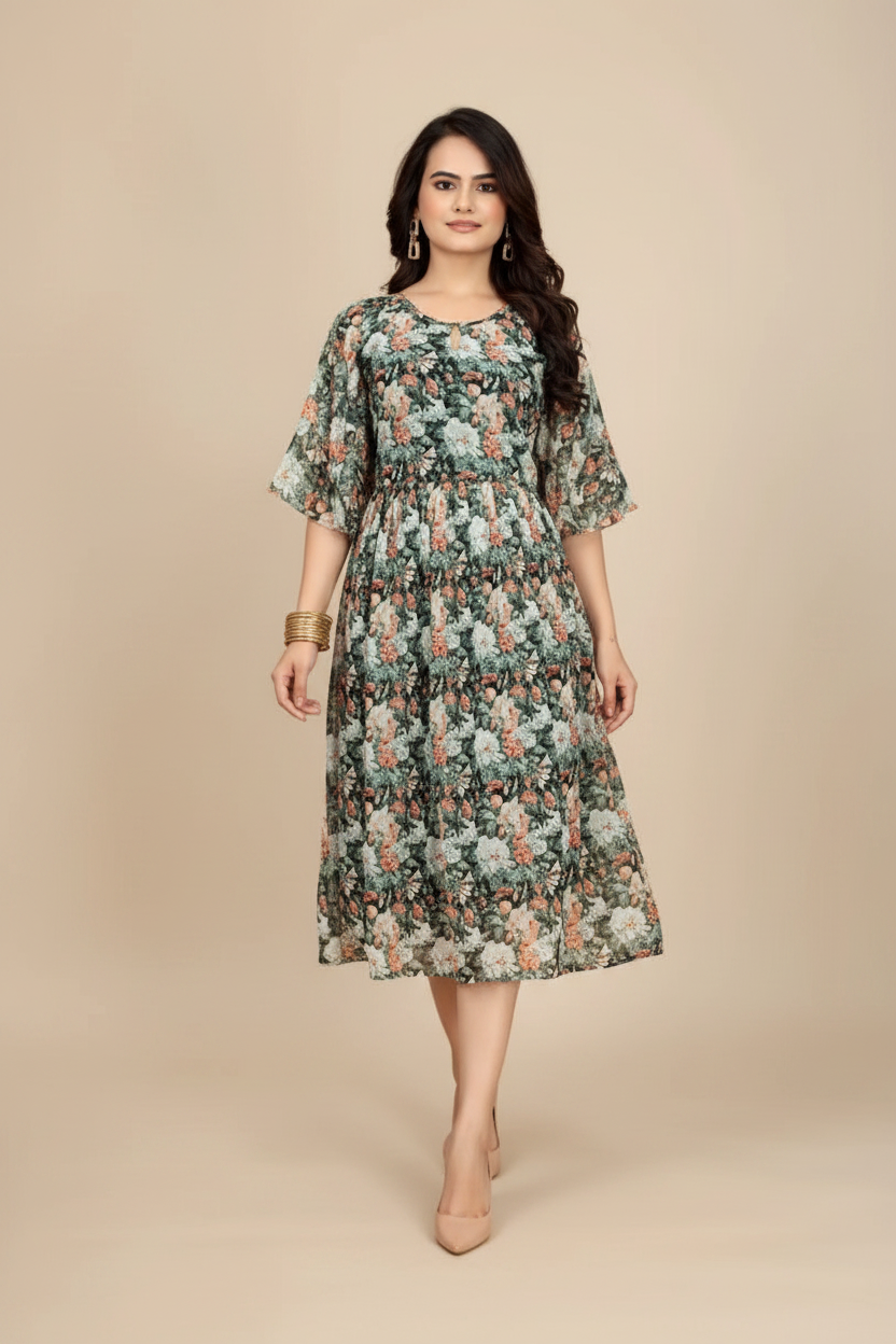 Snuggle Spot Women's Georgette Printed Round Neck Short Sleeve Dress (Black)