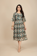 Snuggle Spot Women's Georgette Printed Round Neck Short Sleeve Dress (Black)