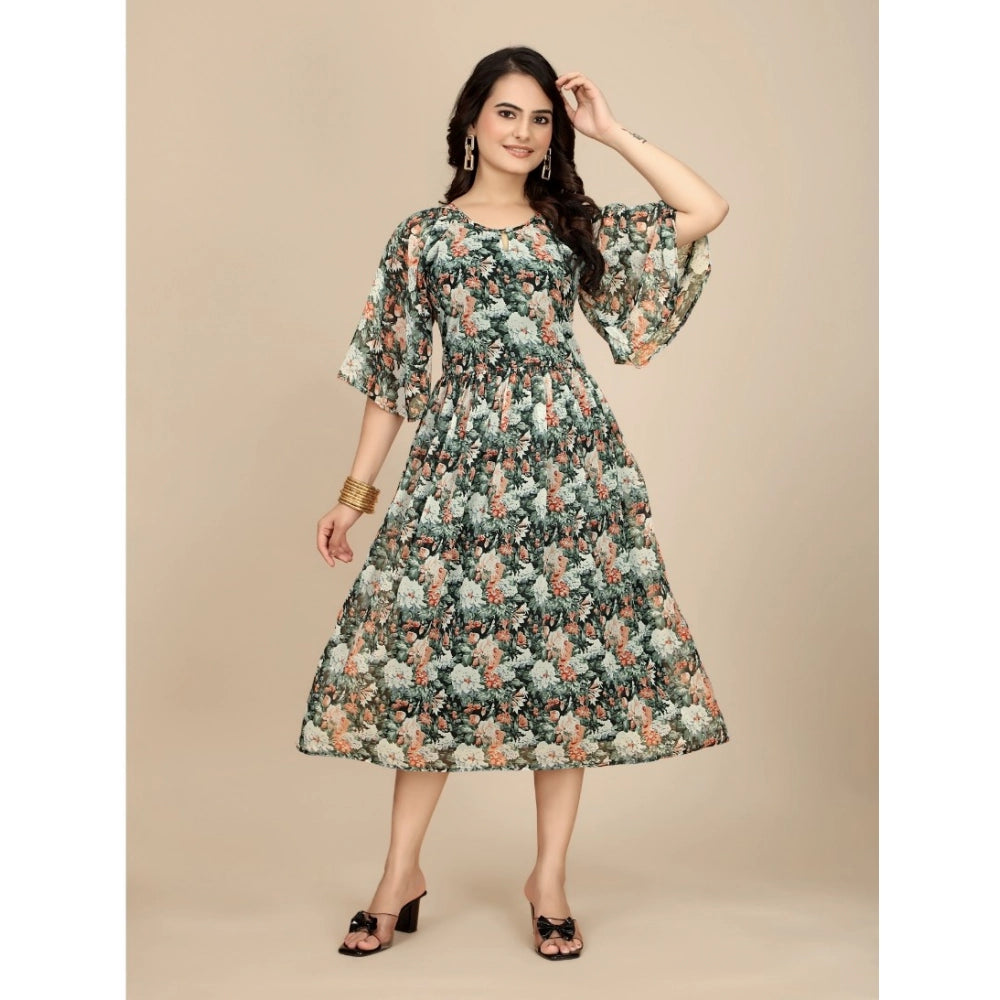 Snuggle Spot Women's Georgette Printed Round Neck Short Sleeve Dress (Black)